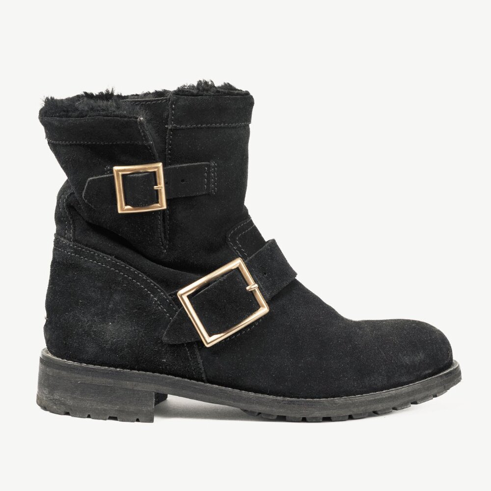 Jimmy Choo Youth Black Suede Buckled Moto Ankle Boots